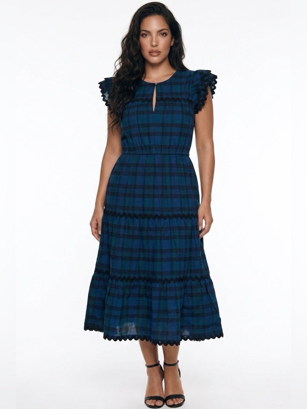 NWT Sail to Sable Blackwatch Plaid Flutter Sleeve Cotton Midi Dress XL MSRP $188